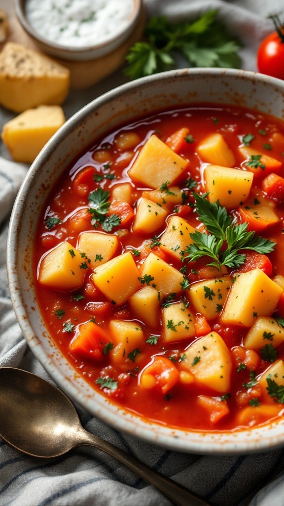 A bowl of tomato and potato soup with chunks of potatoes and herbs, served with a spoon.