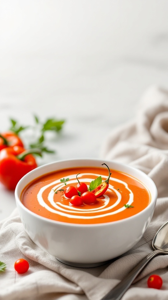 A bowl of tomato and red pepper soup garnished with cherry tomatoes and herbs.