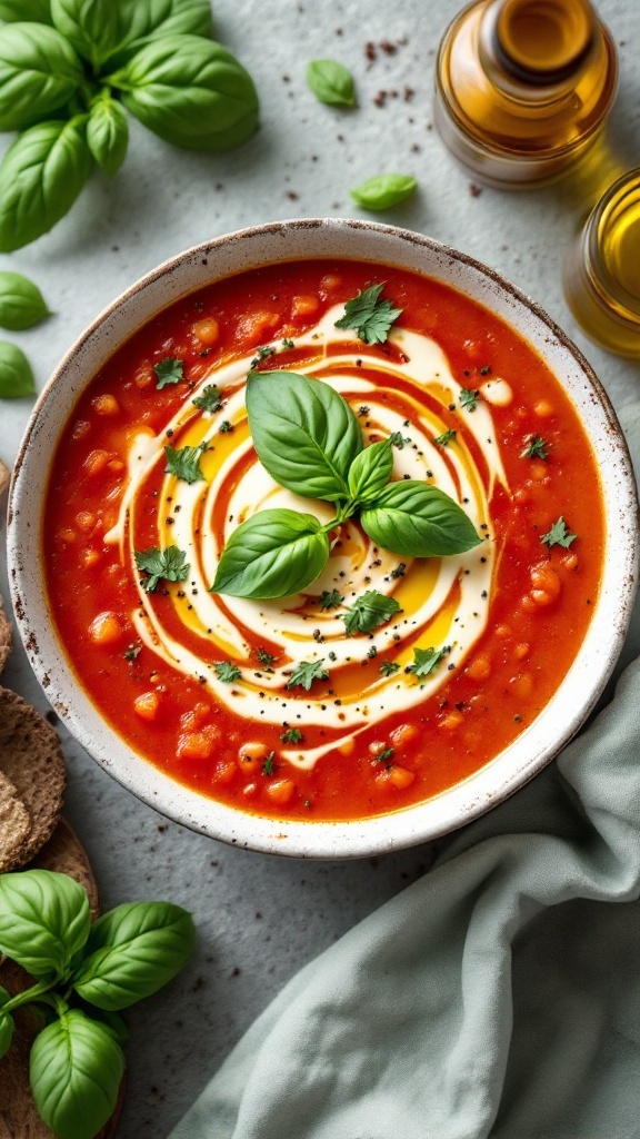 A bowl of creamy tomato basil cheese soup garnished with fresh basil leaves and drizzled with cream.