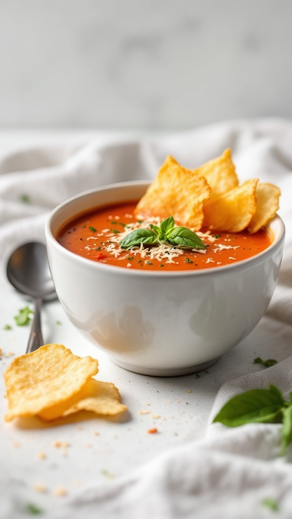 A bowl of tomato basil soup topped with Parmesan crisps and fresh basil leaves.