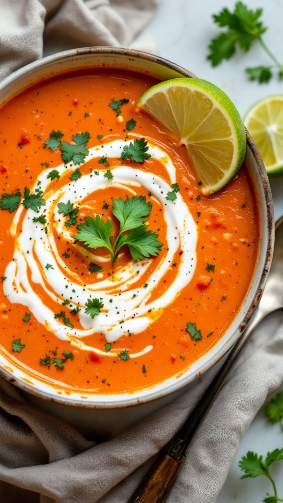 A bowl of tomato coconut curry soup topped with a swirl of cream, cilantro, and lime slices.