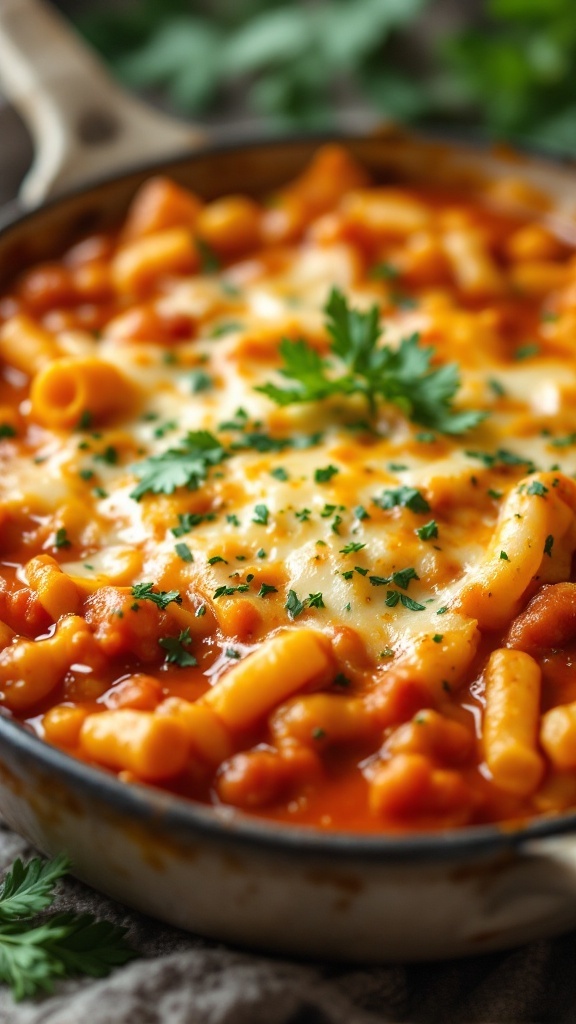 A delicious tomato soup casserole topped with melted cheese and herbs.