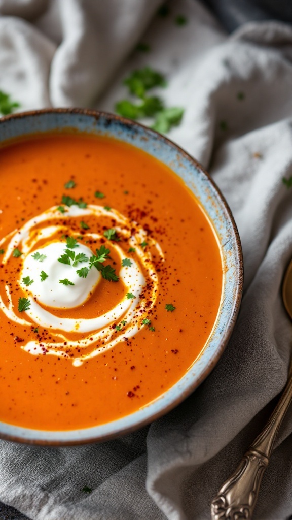 A bowl of vibrant tomato soup garnished with sour cream and herbs.