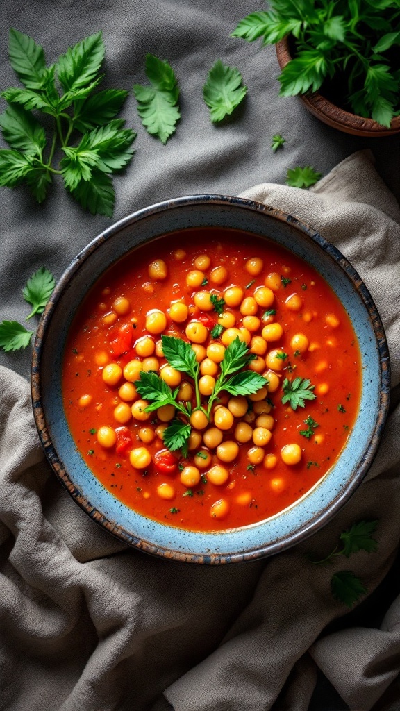 Bowl of tomato soup with chickpeas, garnished with fresh parsley, on a soft fabric background.