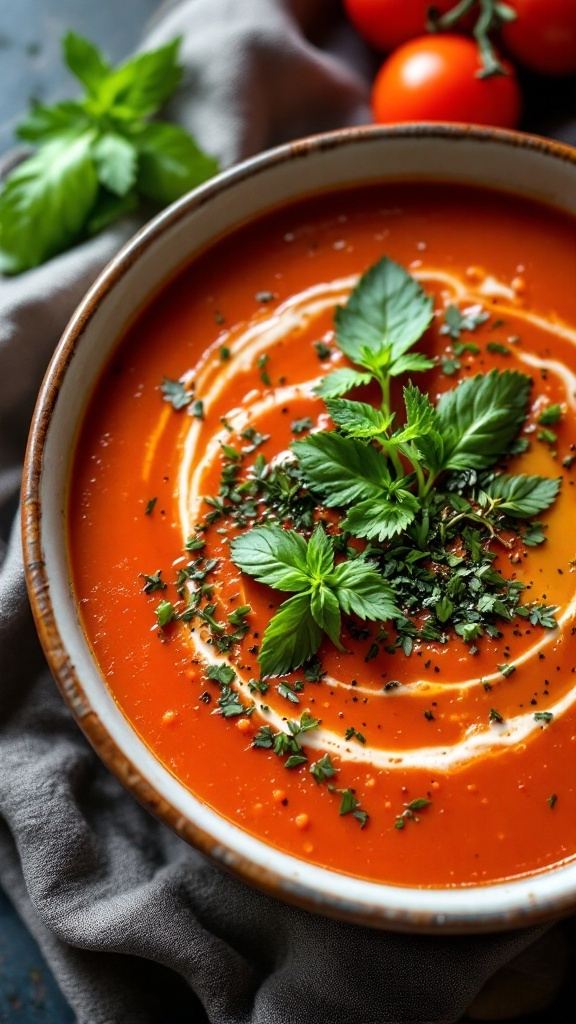 A bowl of tomato soup topped with fresh herbs and a swirl of cream.