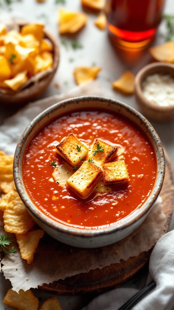 A bowl of tomato soup topped with grilled cheese croutons, surrounded by snacks.