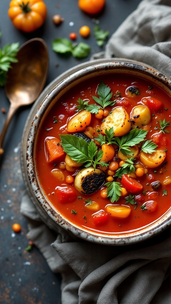 A bowl of tomato soup with roasted vegetables and herbs, garnished with fresh greens.