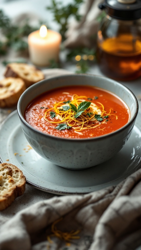 A bowl of tomato soup topped with saffron strands and herbs, served with toasted bread.