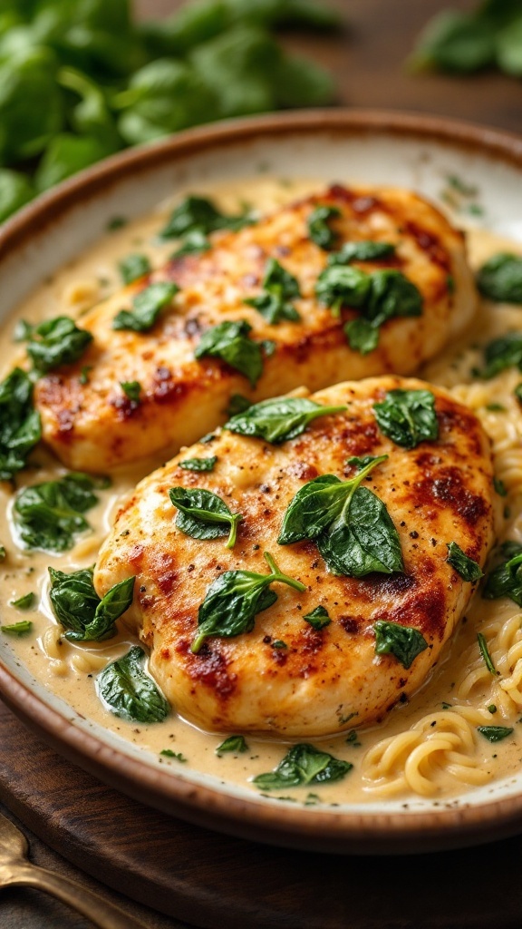 A plate of Tuscan chicken with spinach in a creamy sauce.