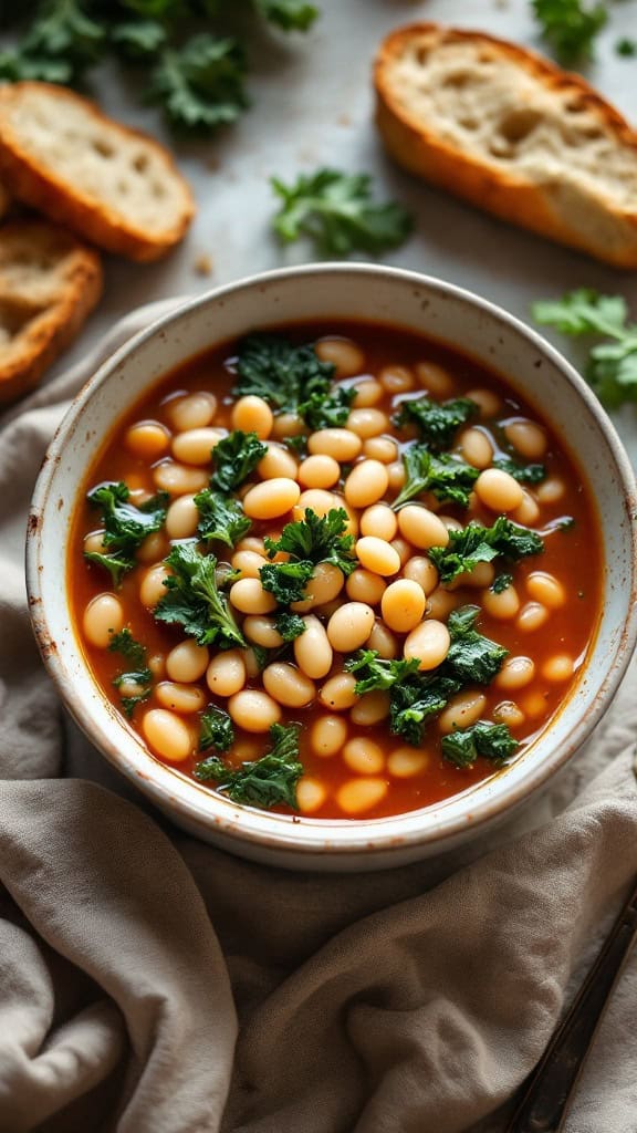 Bowl of Tuscan White Bean Soup with white beans and greens, served with slices of bread