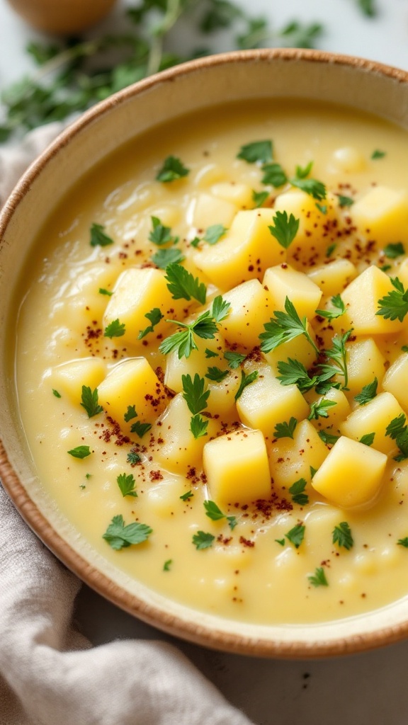 A bowl of creamy vegan potato and leek soup garnished with herbs.