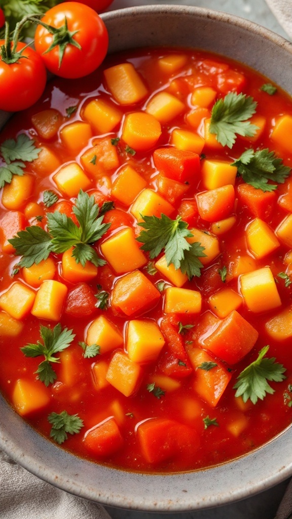 A bowl of vegetable-packed tomato soup with diced vegetables and fresh herbs.