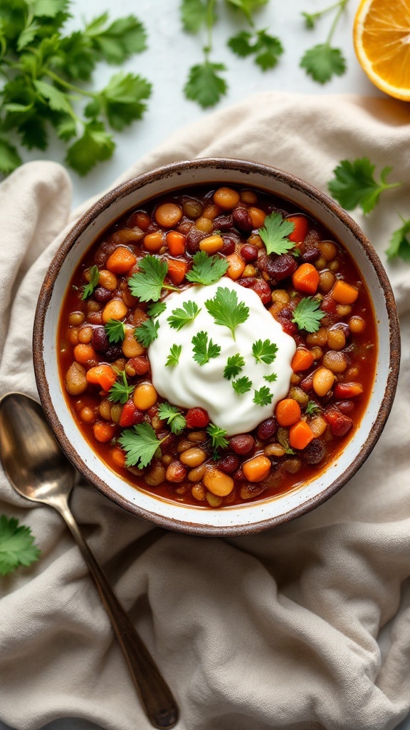 A bowl of vegetable and bean chili topped with sour cream and cilantro.