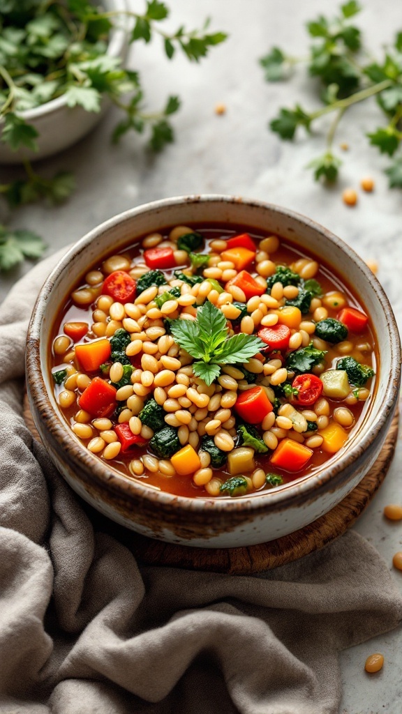 A bowl of vegetable barley soup with colorful vegetables and herbs.