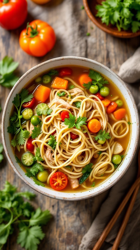 A bowl of vegetable chicken noodle soup with colorful vegetables and noodles.