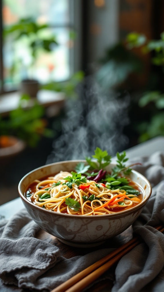 A steaming bowl of vegetarian pho with noodles, fresh herbs, and vegetables.