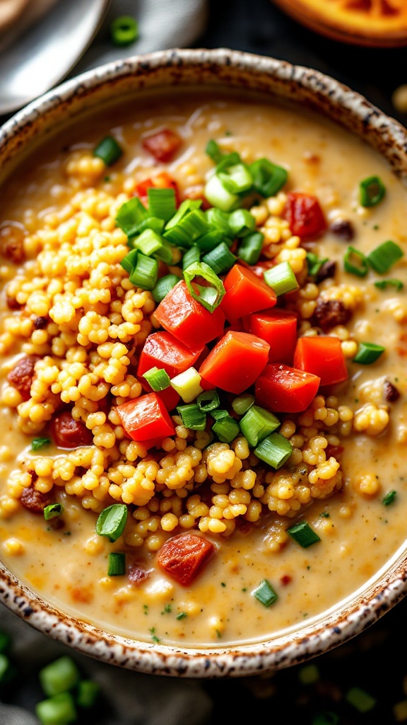 A bowl of vegetarian quinoa white chili topped with diced tomatoes, green onions, and yogurt, with side ingredients visible in small bowls.