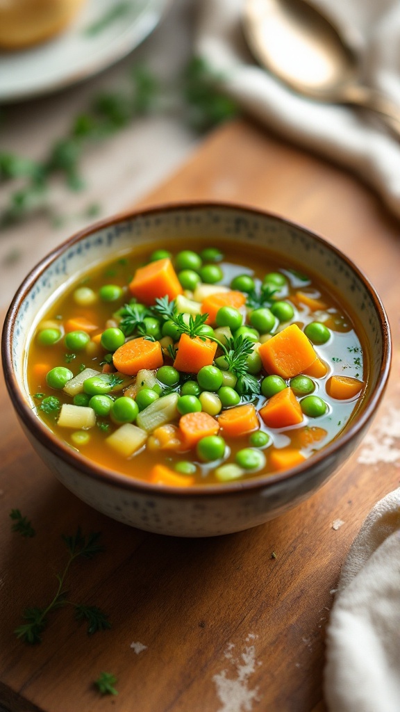 A bowl of vegetarian split pea soup with carrots and green herbs.