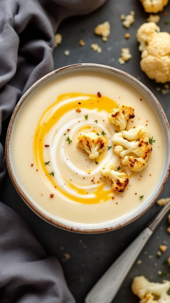 A bowl of creamy white cheddar cauliflower soup topped with roasted cauliflower and a swirl of cheese.