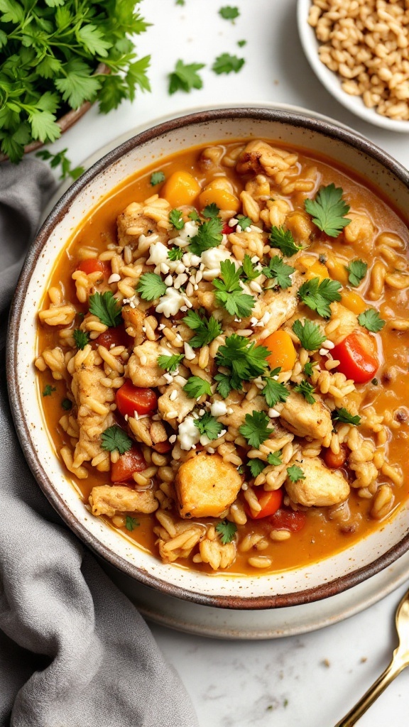 A bowl of wild rice and chicken white chili topped with cilantro