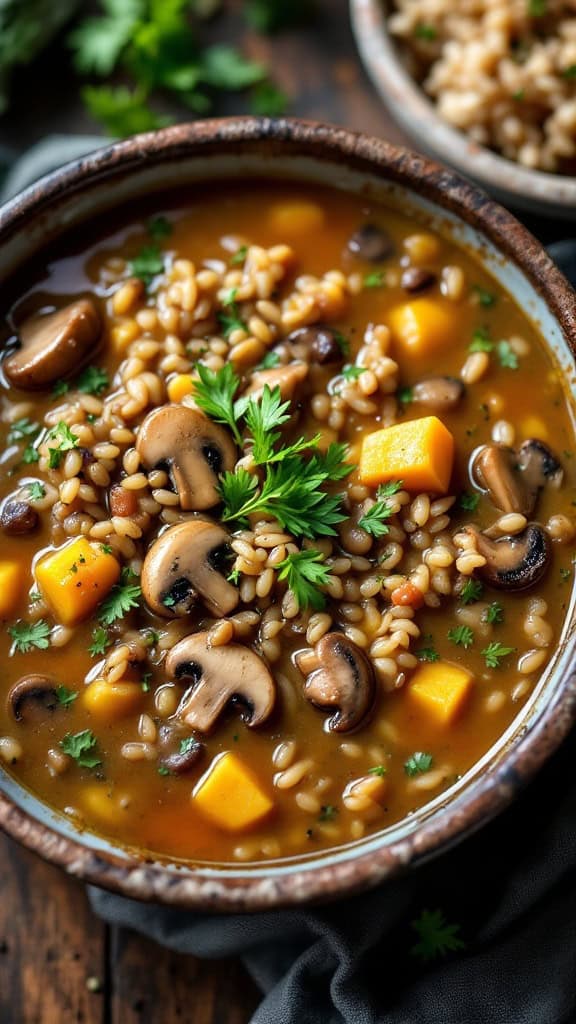 A bowl of wild rice and mushroom soup with mushrooms and squash pieces garnished with parsley.