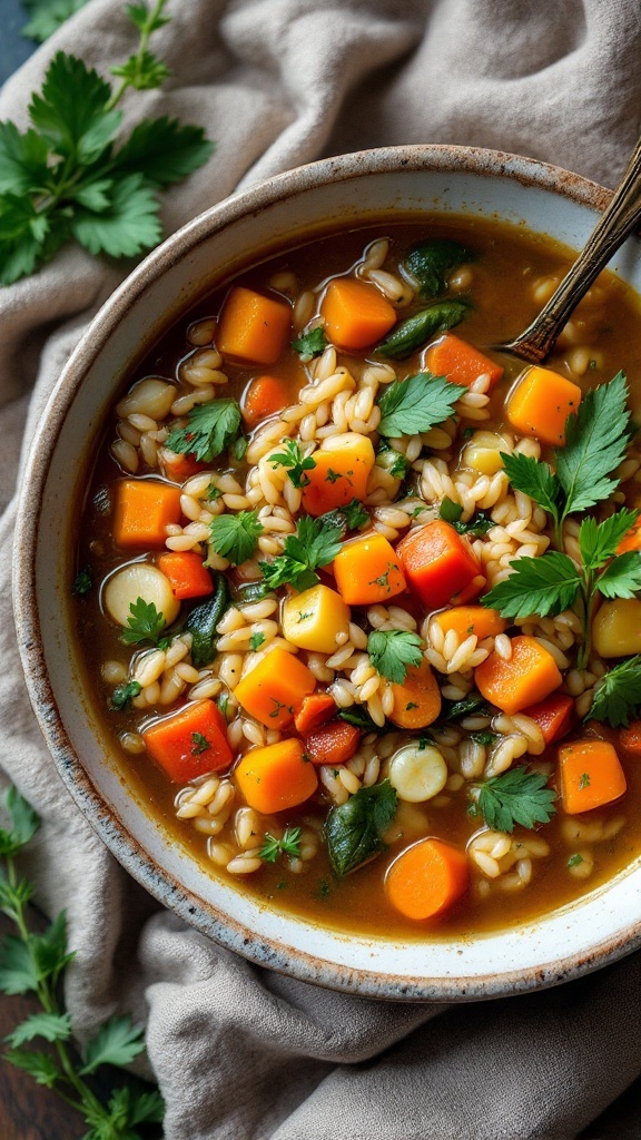 A bowl of Wild Rice and Vegetable Soup with vibrant vegetables and herbs.