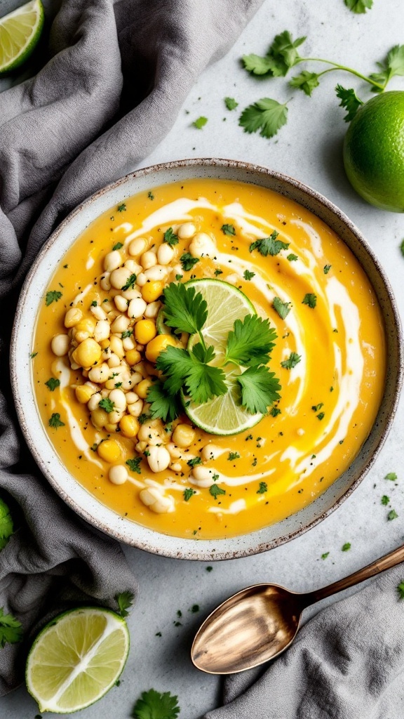 A bowl of creamy white chili topped with lime slices and fresh cilantro.