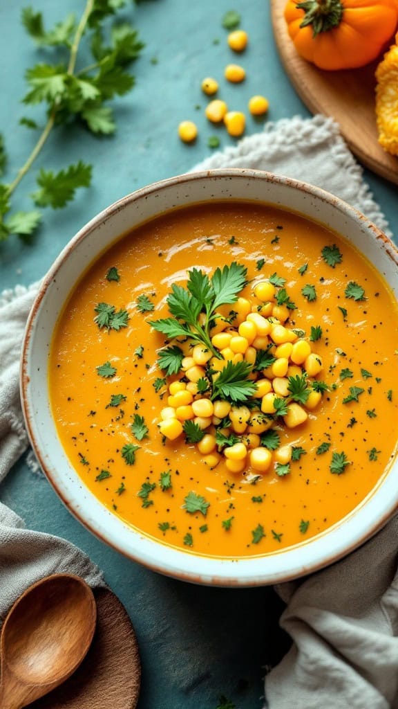 Bowl of creamy zucchini and corn soup garnished with fresh herbs and corn kernels.