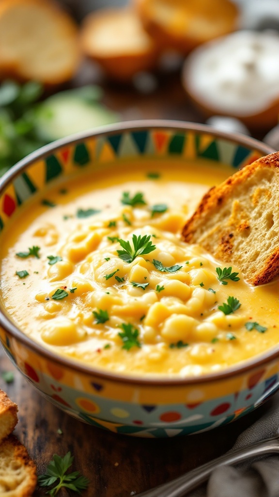 A bowl of creamy zucchini cheese chowder topped with parsley and served with toasted bread.