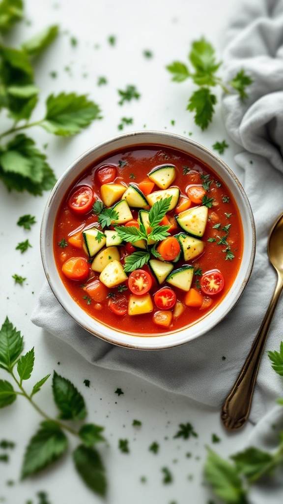 A bowl of zucchini tomato soup garnished with fresh parsley, surrounded by green herbs.