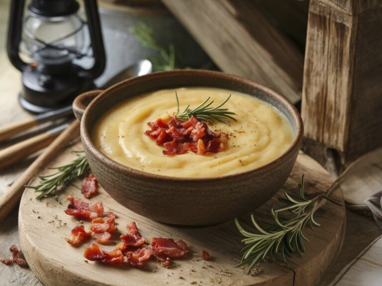 Velvety Cream Cheese Potato Soup with Rosemary & Bacon Crunch