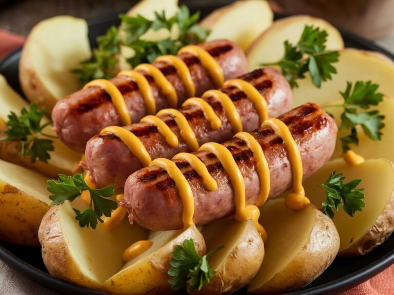 Sizzling Bratwurst & Potato Bake with Herb-Infused Mustard