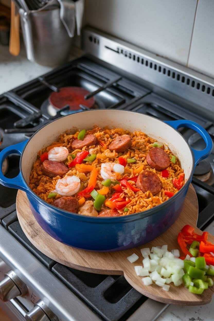 A Dutch oven on an indoor stovetop filled with jambalaya—rice, sausage, shrimp, and colorful peppers—photo, no text or logos