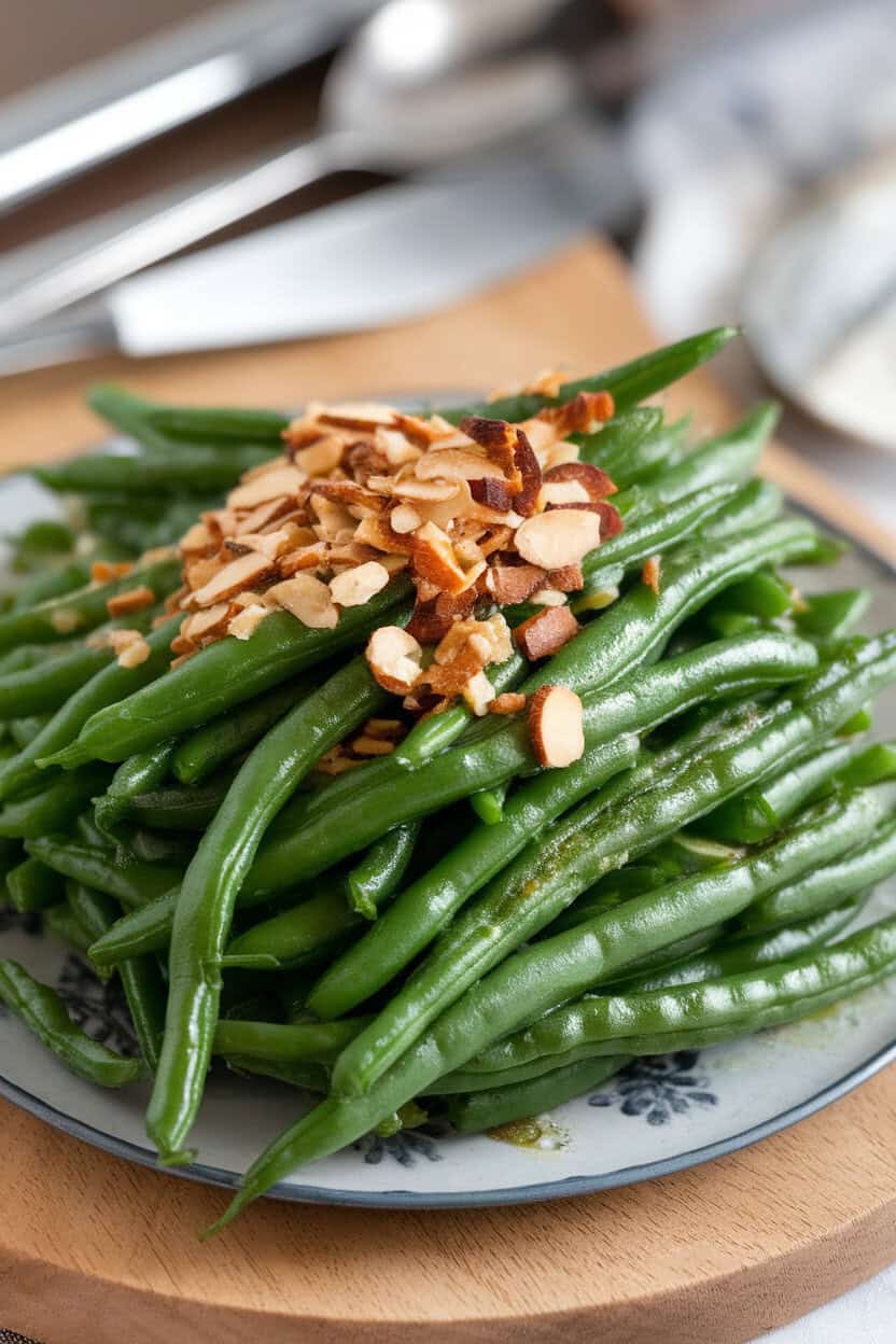 An indoor serving platter piled high with glossy green beans tossed in garlic butter, a few toasted almond slivers scattered on top. No text or logos. Photo, not illustration.