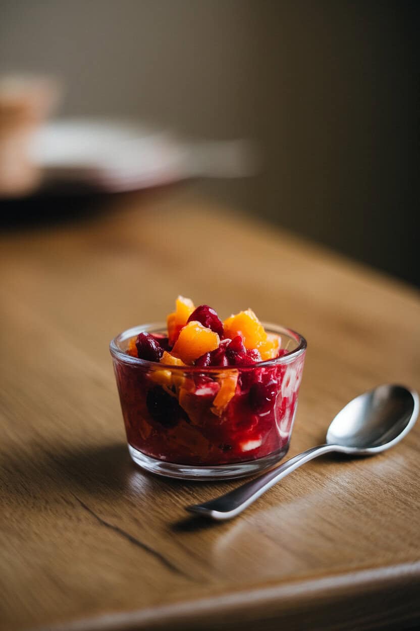 A small glass bowl indoors containing chunky cranberry orange relish, spoon resting alongside on a wooden table. No text, no labels.