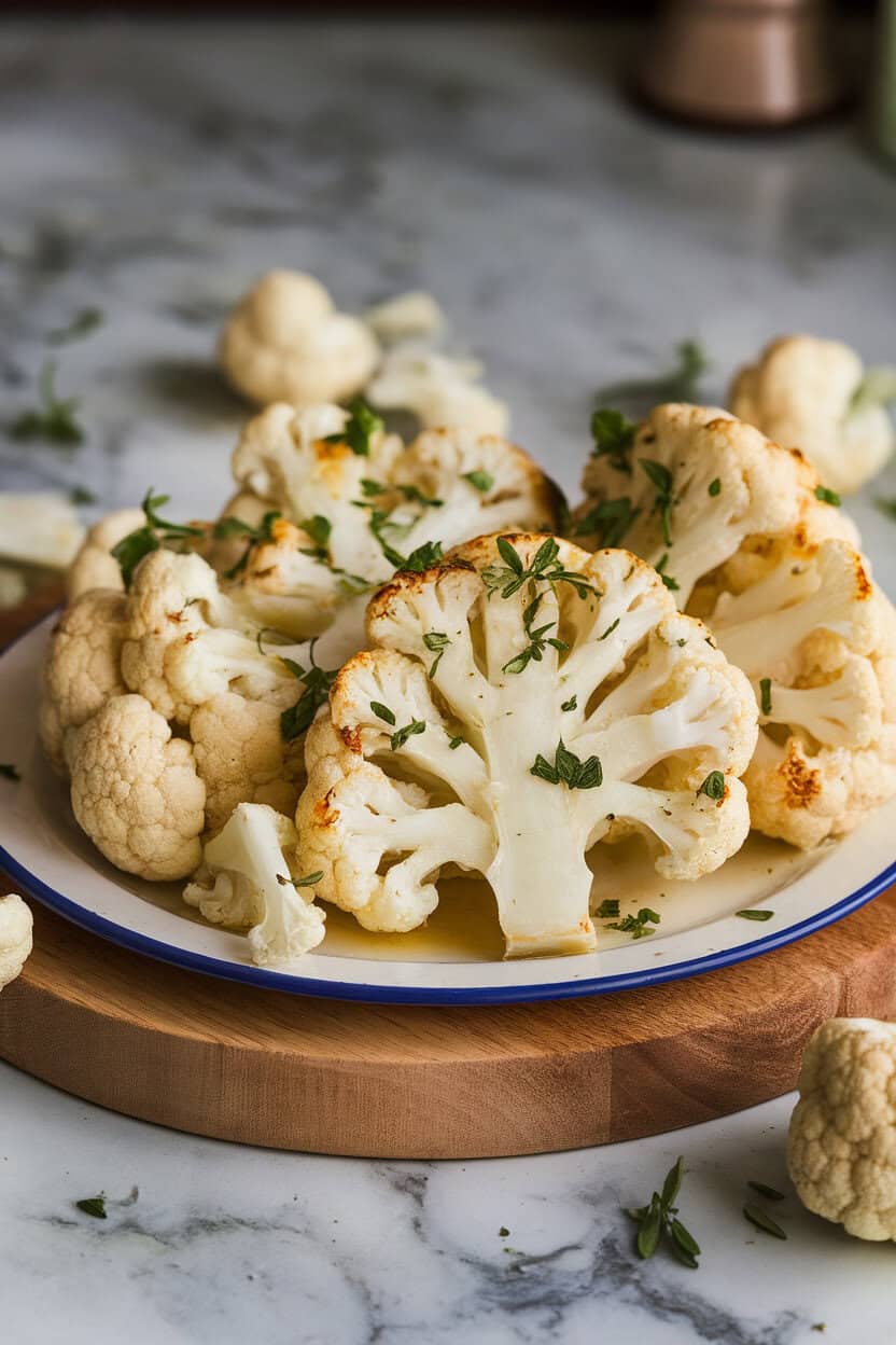 An indoor serving platter featuring thick slices of roasted cauliflower with herb oil drizzled on top—no text or logos.