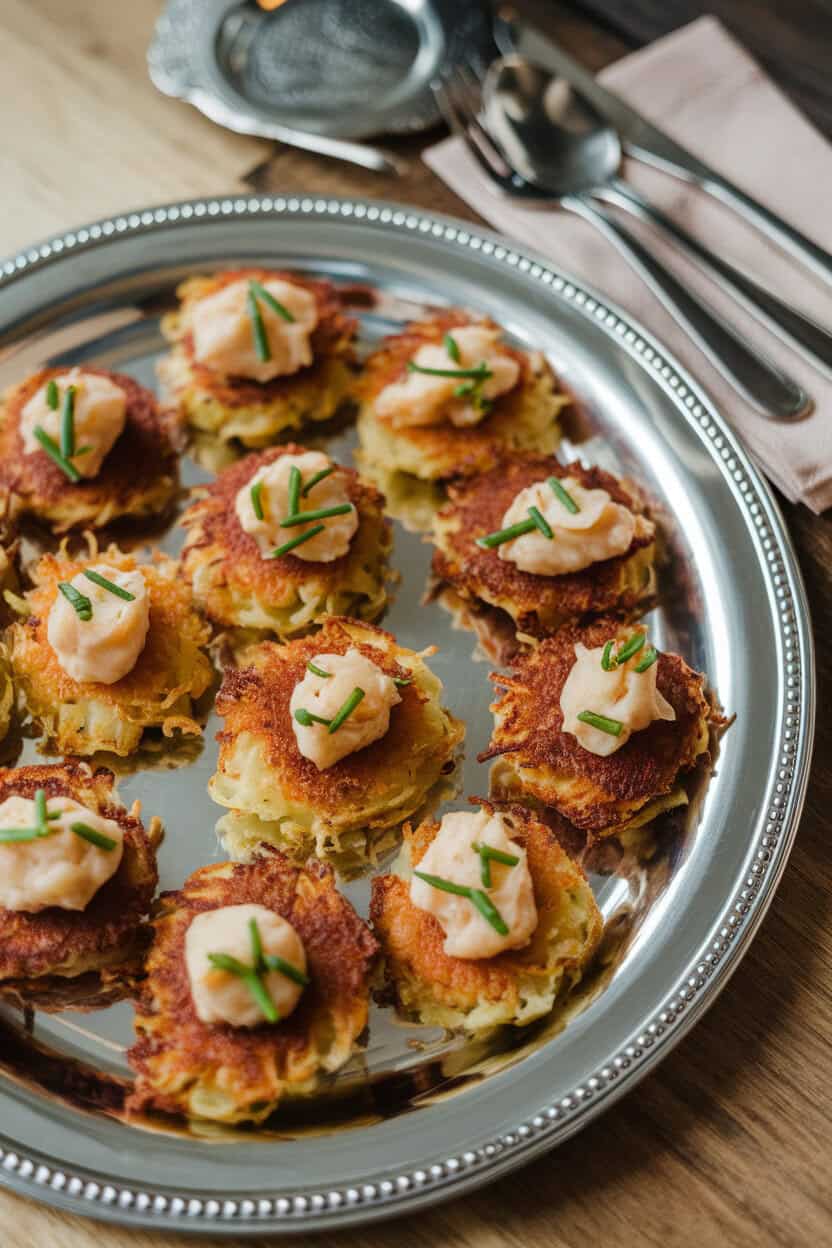 Photo of silver platter indoors with small crispy potato latkes topped with dollops of spiced apple chutney, chives sprinkled; no logos