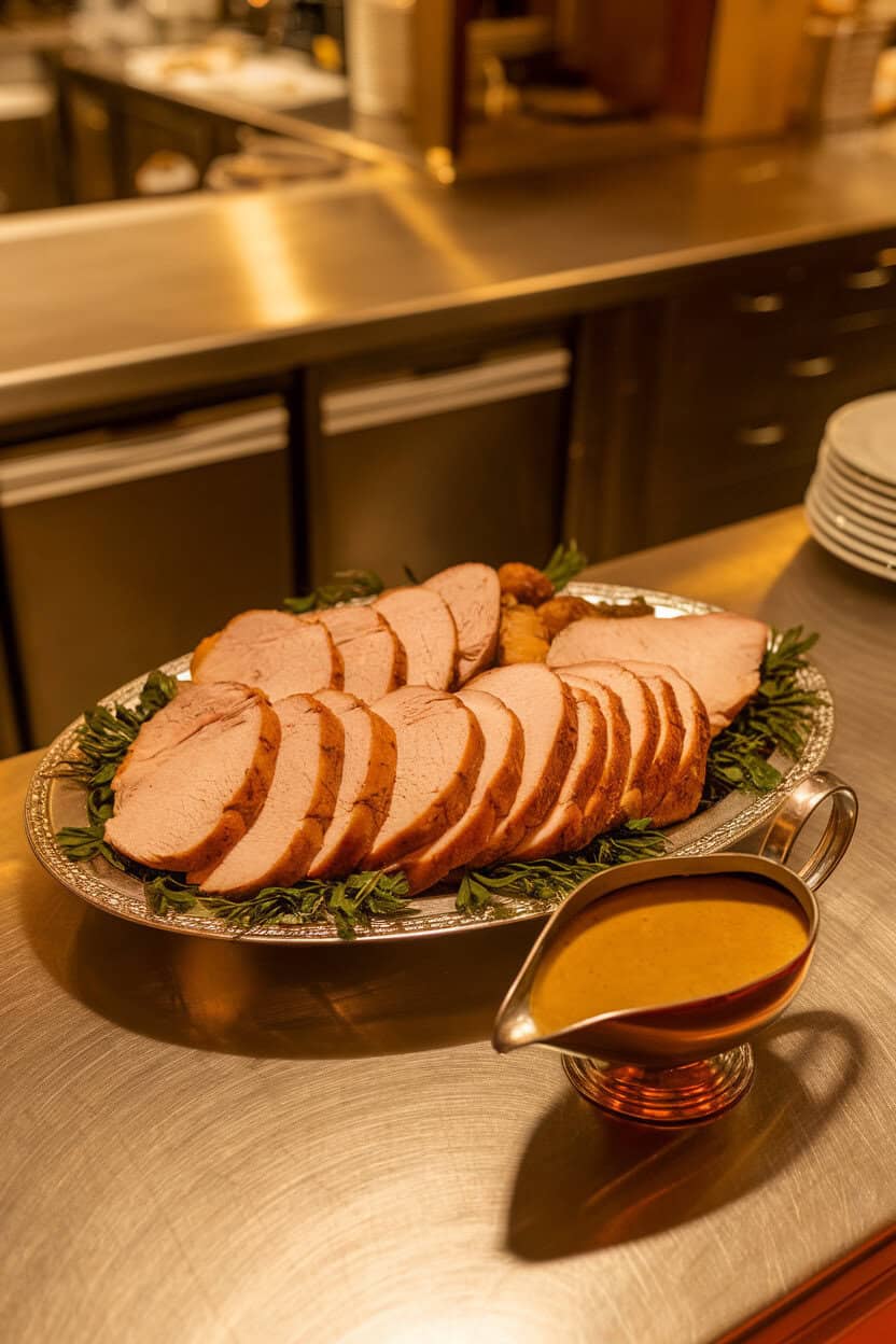 A warmly lit indoor counter showing thick slices of cooked turkey breast arranged on a platter beside a small gravy boat; no text or logos. Photo.