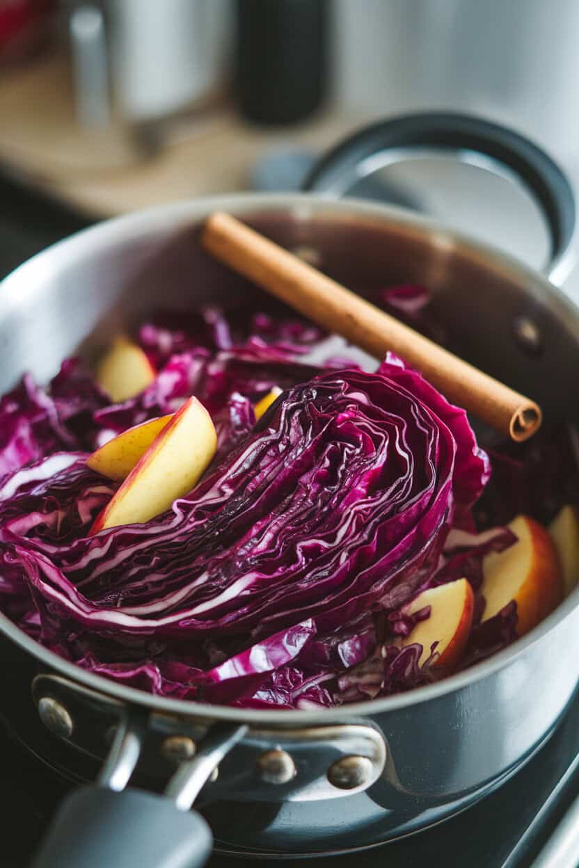 An indoor saucepan filled with braised red cabbage ribbons tinged with apple pieces and cinnamon stick visible. No text or logos. Photo.</Prompt