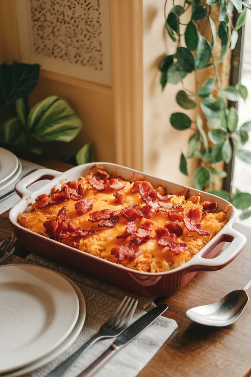 A warmly lit indoor table with a casserole dish brimming with crispy hash browns, bacon fragments, and melted sharp cheddar, a serving spoon resting nearby. No logos or text in frame. Photo.