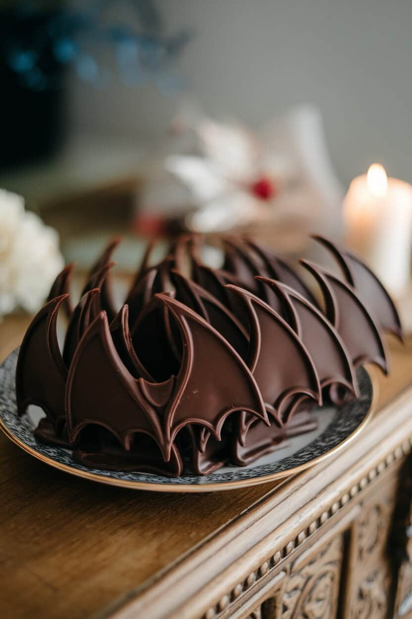 Photo, not illustration. Indoor plate with thin, curved dark chocolate tuiles shaped like bat wings, glossy finish, no branding.