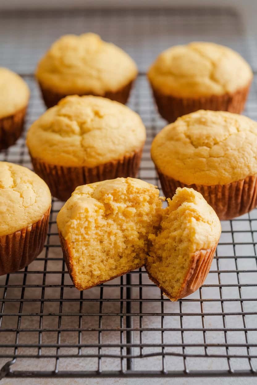 A wire rack holding golden cornbread muffins cooling indoors, one broken open to show crumb. No text or logos. Photo, not illustration.