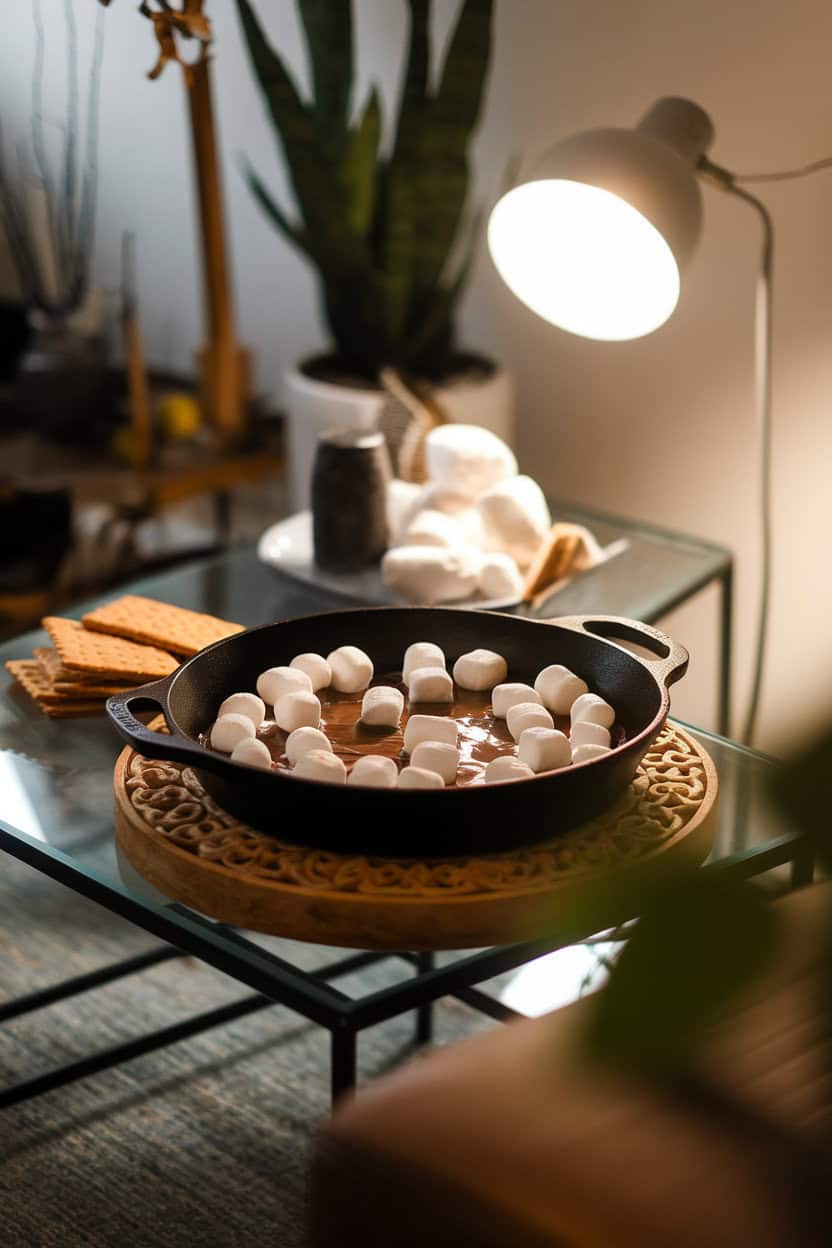 An indoor coffee table with a cast-iron skillet of melted chocolate and toasted marshmallows, a few graham crackers ready for dipping. Cozy lamplight; no text or logos.