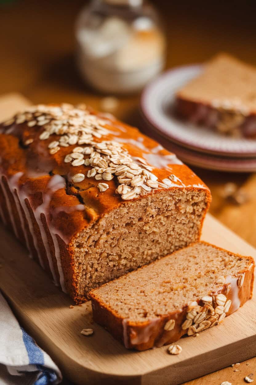 Indoor photo of a maple oat loaf with a shiny glaze, oats sprinkled on top, slice resting on a plate, no logos or text.
