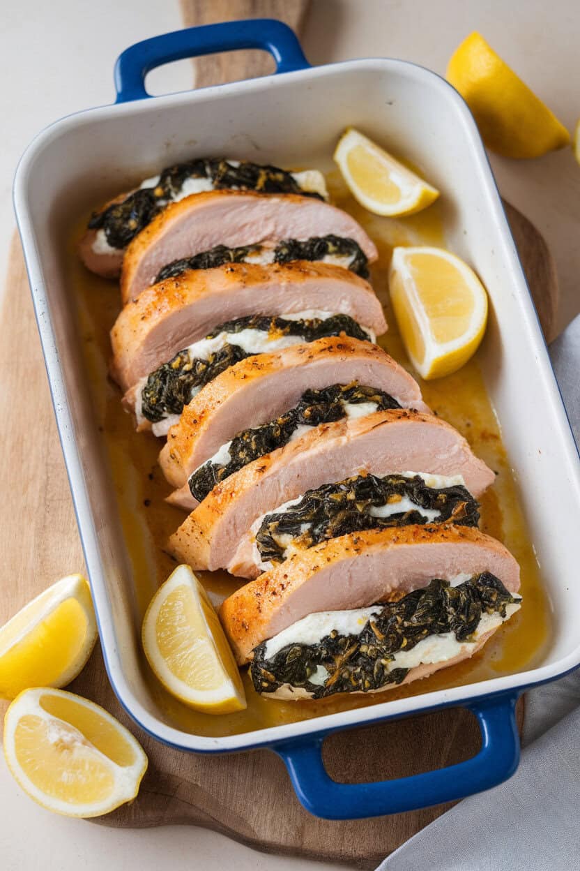 An indoor baking dish containing sliced chicken breasts revealing a spinach-ricotta filling, lemon wedges nearby. No text or logos appear.