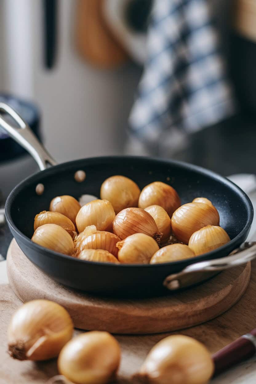 A small sauté pan of pearl onions coated in glossy butter glaze, shot indoors. No text or logos. Photo, not illustration.