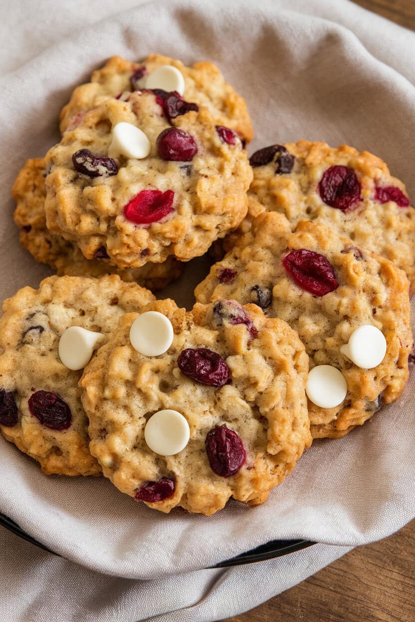 Indoor photo of hearty oatmeal cookies studded with cranberries and white-chocolate chips, displayed on a linen-covered plate; no text or logos.