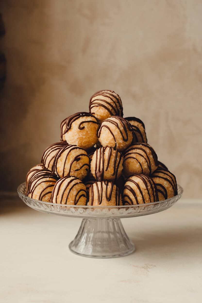 An indoor photo of golden coconut macaroons drizzled with dark chocolate, arranged pyramid-style on a cake stand. No logos or text present.