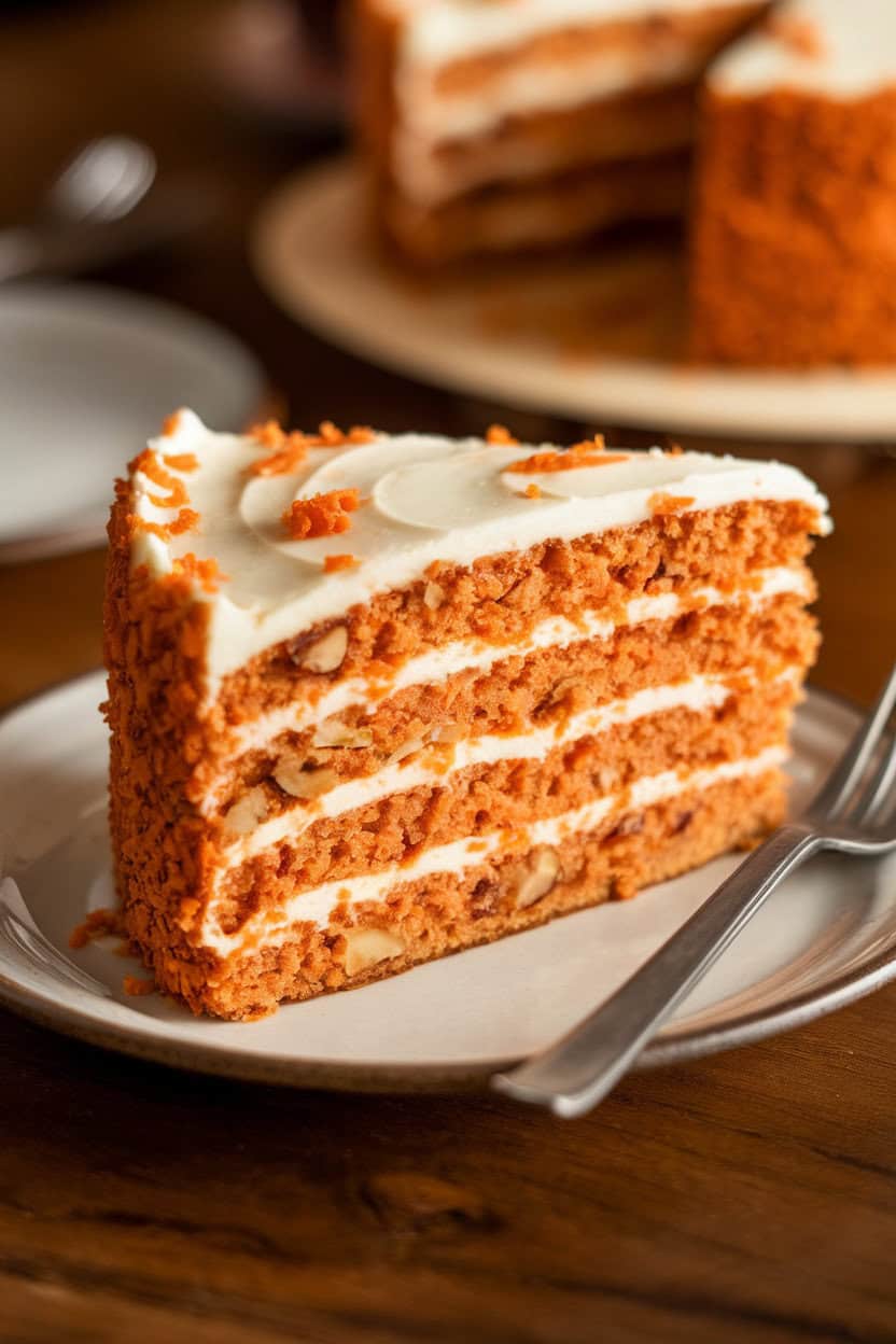 Indoor table scene showing a generous slice of carrot cake packed with visible carrot shreds and walnuts, topped with orange-zest cream cheese frosting. Photo, no text or logos.