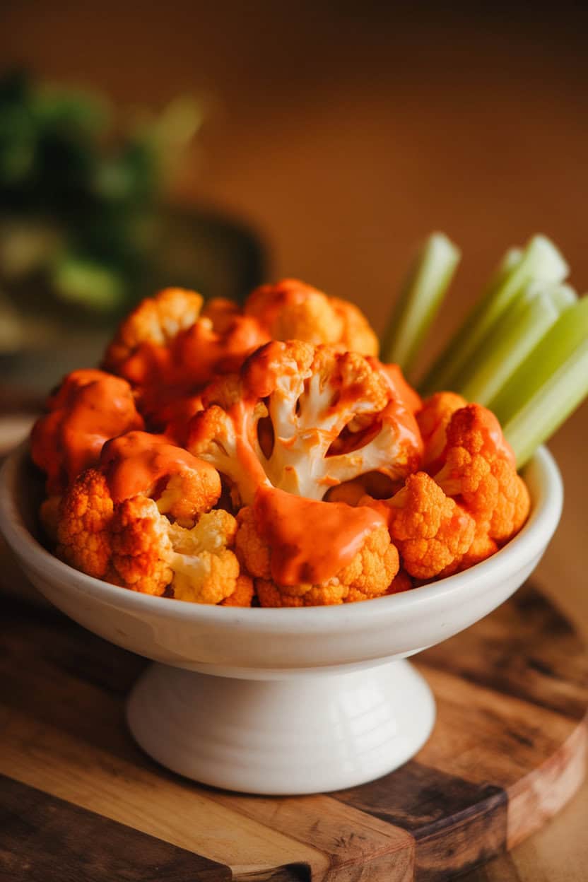 A white serving bowl indoors with roasted cauliflower florets coated in bright orange buffalo sauce, celery sticks on the side. No text or logos.
